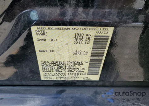 2015 Nissan Altima z USA, uszkodzony, nr VIN 1N4AL3AP7FC409084